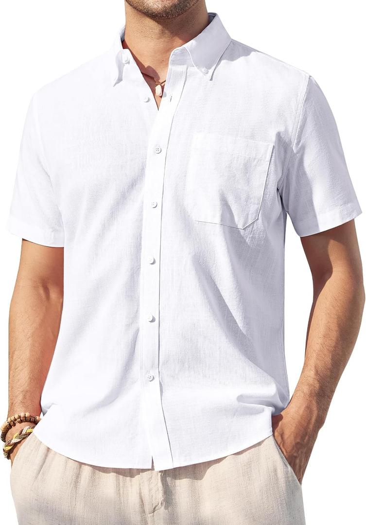 Alimens & Gentle Mens Linen Shirt Short Sleeve Casual Cotton Button Down Shirts Collared Summer Beach Shirts (3X-Large, White)