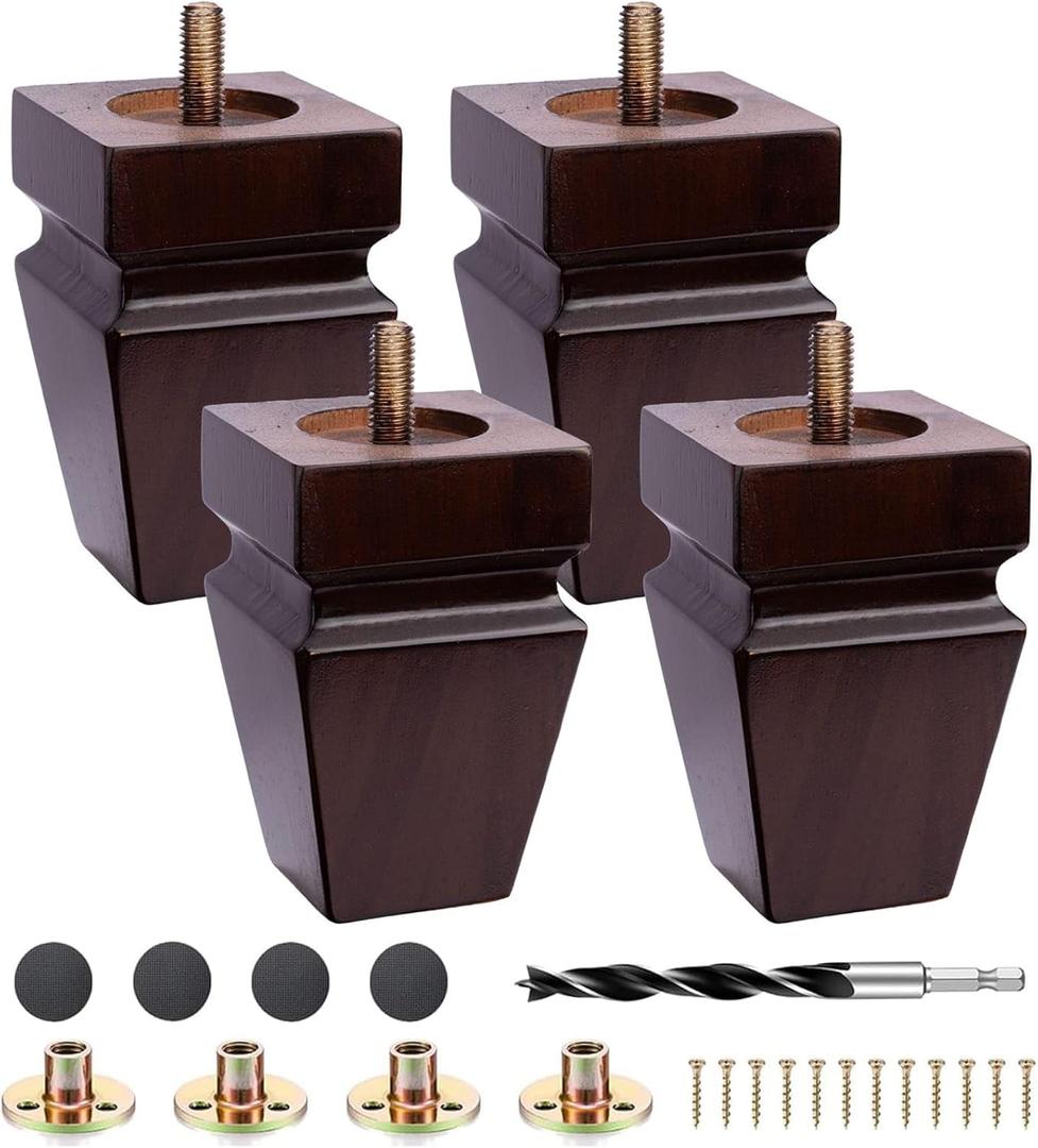 Set of 4 Premium Square Wood Furniture Legs-Wooden Replacement Feet for Couch, Nightstand Sideboard Bench, Dresser Sofa with Installation Hardware (Brown 4" H*2.5" W)