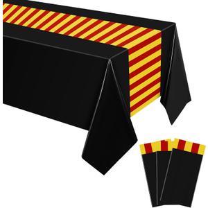 Oudain 3 Pcs Wizard Tablecloth 54 x 108 Inches Plastic Black Table Cover Red Golden Tablecloth Disposable Magical Party Supplies for Halloween Witch Birthday Party Decoration (Black Stripes)