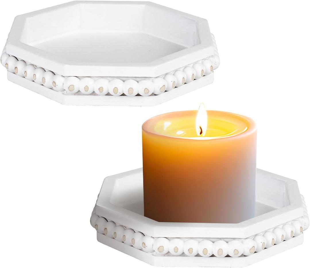 Candle Pedestal for Pillar Candle Set of 2, Rustic Round Wood Tray Beaded Risers, Farmhouse Wood Beaded Tray for Tiered Tray Candle, Mug Display Decorative, Table Centerpiece, Antique White