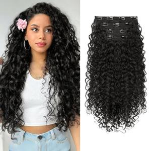 Clip in Hair Extensions, FLUFYMOOZ 4PC 100 Pure Protein Silk Hair Extensions Long Soft Natural Hairpiece 20 Inch Curly Hair Extension for Women (Black Brown)