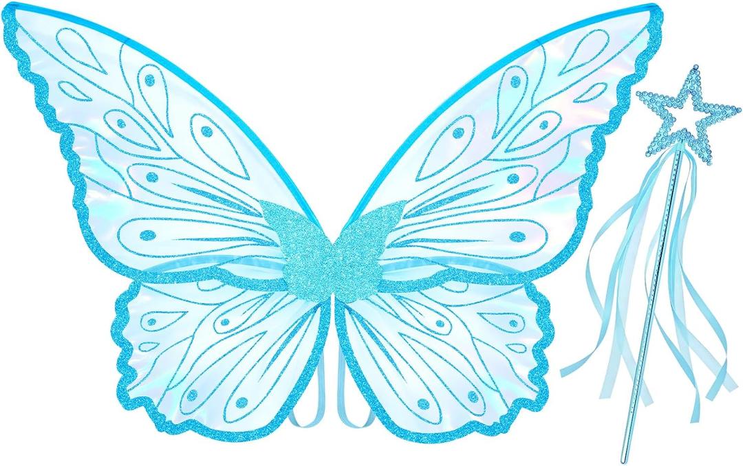 VEKDA Fairy Wings for Girls Women with Magic Fairy Wand Butterfly Costume Accessories for Halloween Cosplay Party (Blue)