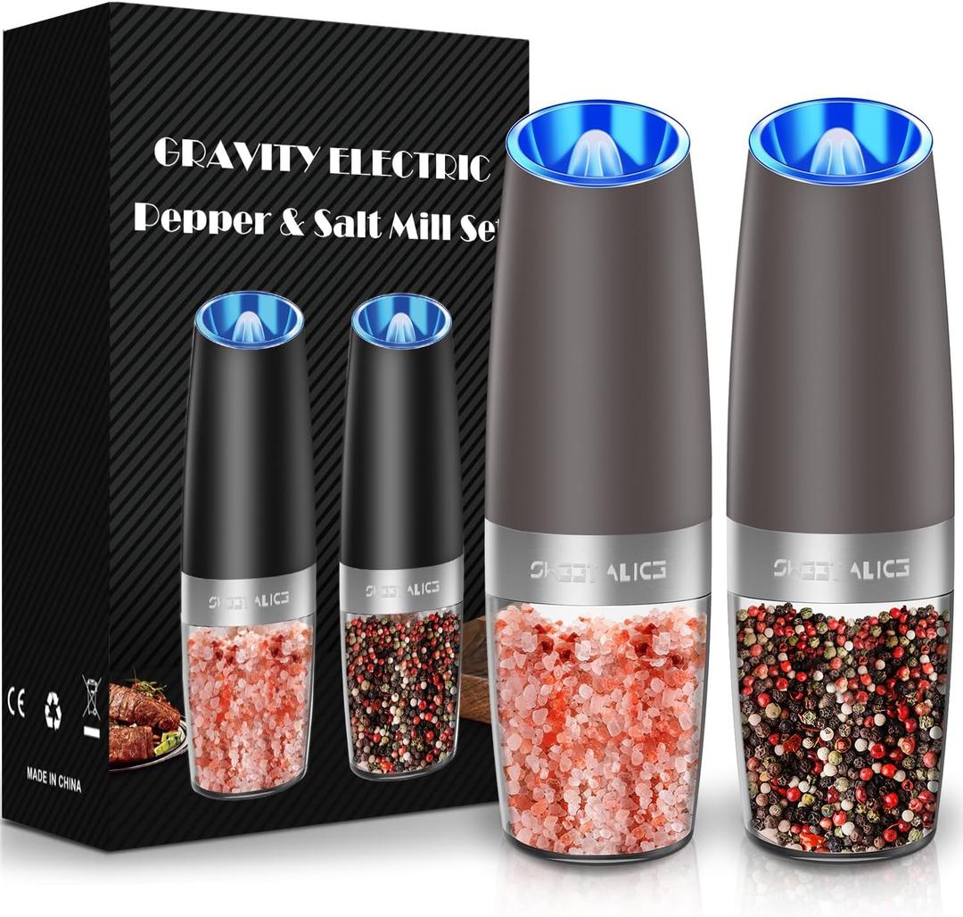 Sweet Alice Gravity Electric Pepper and Salt Grinder Set, Adjustable Coarseness, Battery Powered with LED Light, One Hand Automatic Operation, Brown, 2 Pack (2.5*2.5*7.9inch)