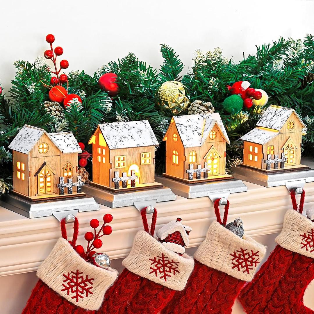 4 Pack Christmas Stocking Holders for Mantle, Wood Room Hangers With Lights, House Xmas Hanging Hooks for Fireplace Tables, Weighted Hook Christmas Decorations