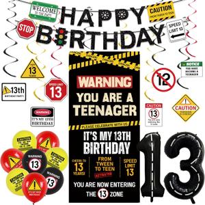 Roetyce 13th Birthday Decorations Boys Girls, Black Happy 13th Birthday Banner Backdrop Balloons Hanging Swirls, Caution Logo Themed Teenager 13 Years Old Party Yard Door Wall Cover Background