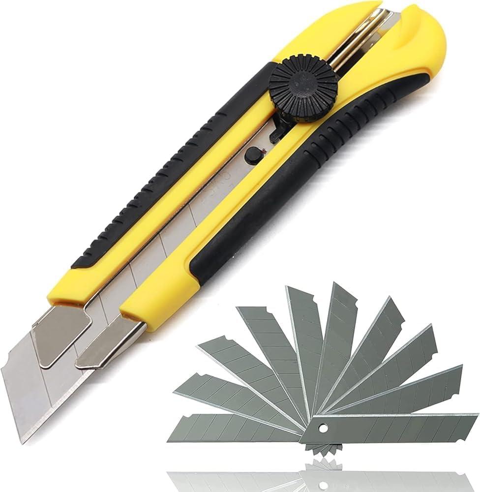 25mm Heavy Duty Utility Knife, Box Cutter SK-5 Retract Blades, Snap Off Cutters with Rubber Grip for Cardboard, Boxes, DIY Crafts Utility Knife and 10 Replacement Blades