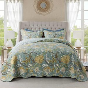 NEWLAKE Bedspread Quilt Sets-Reversible Patchwork Coverlet Set, Green Floral Pattern, King Size