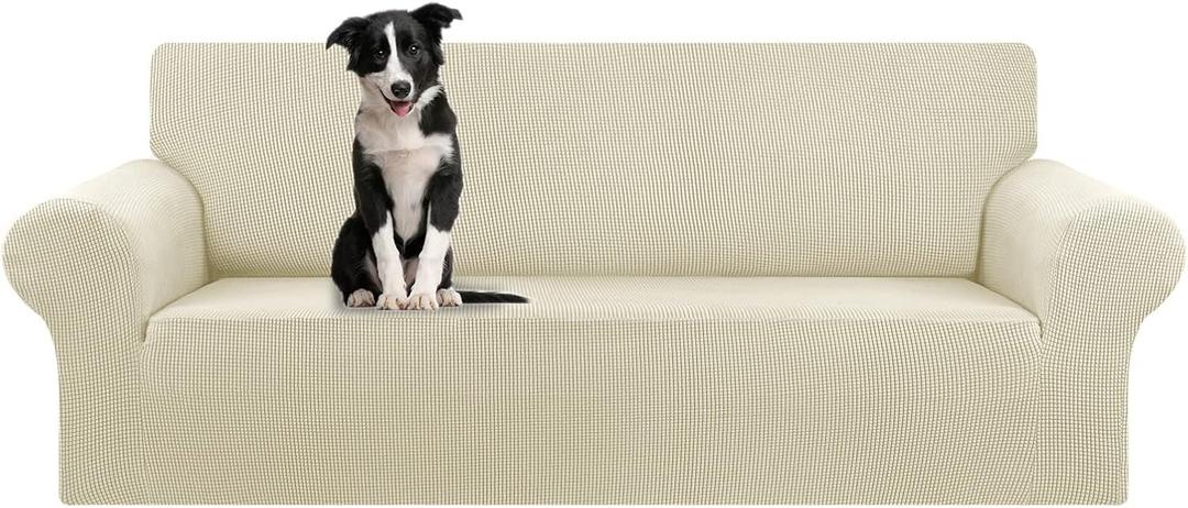 KEKUOU Stretch Oversized Sofa Slipcover 1 Piece Couch Sofa Cover (94"-110") Furniture Protector 4 Seater Sofa with Elastic Bottom for Kids,Pet.Jacquard Checked Pattern Fabric(X Large,Beige)