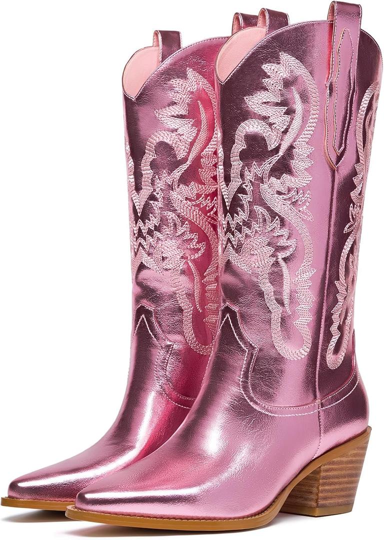 GOSERCE Cowboy Boots for Women - Metallic Mid Calf Cowgirl Boots with Embroidery Sparkly Western Wide Calf Short Boots Fashion Pull on Pointy Toe Chunky Stacked Heel 2.5" (8, A-pink)