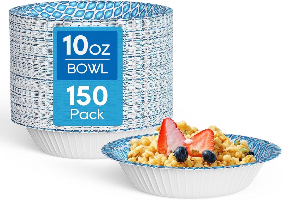 MUCHII 10 Oz Paper Bowls 150 Count Small Bowls, Blue Printed Soak Proof Disposable Bowls for Snacks, Dessert, And Light Lunch Meals