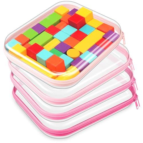 Hoolerry 4 Pcs Hard Clear Zipper Case Makeup Bags Plastic Zipper Pouch Transparent Storage Box Containers for Cosmetics, Snacks, Building Blocks, Puzzles(Clear, 9.8 x 7.9 x 2 in, Pink)
