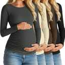 Huukeay 4 Pack Women's Maternity Shirts, Long Sleeve Cotton Ribbed Pregnancy Tops Side Ruched Crew Neck Casual Mama Clothes, M