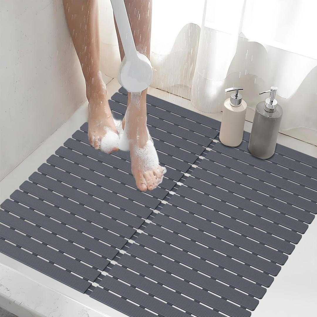​Shower Mat NonSlip Bath Mat for Tub and Shower Stall,200+ Suction Cups with Drain Holes, Quick Dry Machine Washable, Extra Grip for Stand Up Showers, Bathroom Essentials 24x24 Inch (Light Grey)