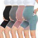 CTHH 4 Pack Maternity Shorts Over Belly with Pockets - 8" Pregnancy Biker Shorts Workout Yoga Pregnant Pants for Women (Small, 01- Black/Grey/Pink/Cyan)