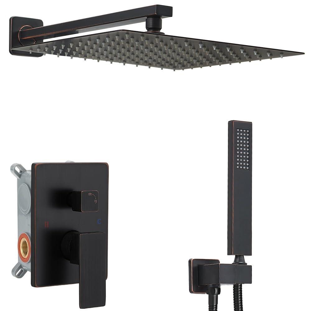 JingGang Oil Rubbed Bronze Shower System 16 Inch Bathroom Rain Mixer Shower Combo Set Wall Mounted Rainfall Shower Head and Handheld System Shower Faucet Set Rough-in Valve Body and Trim Kit