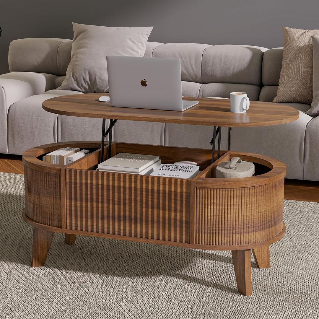 LYNCOHOME Fluted Lift Top Coffee Table with Storage, Modern Oval Coffee Table for Living Room or Home Office (Walnut)