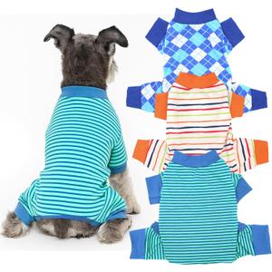 3 Pack Dog Pajamas Dog Onesie for Dogs, Lightweight Puppy PJs with Easy Snap Belly, Tail Opening Striped Checkered Sleepwear M