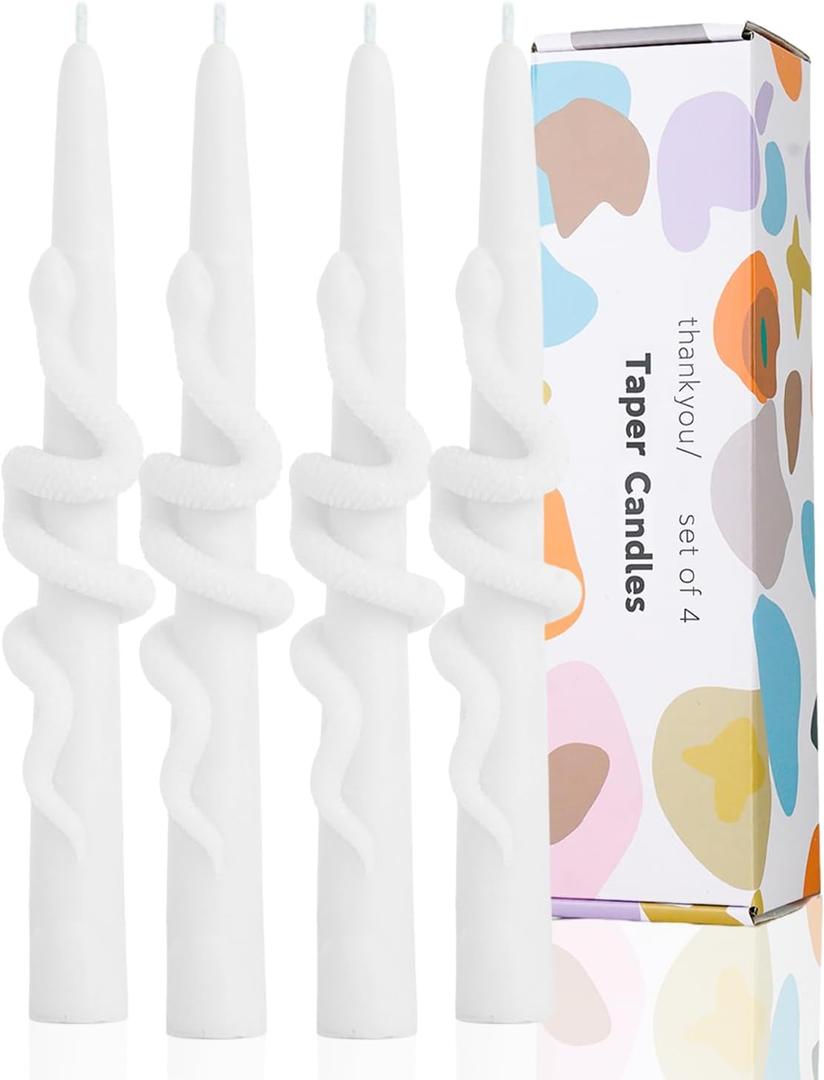 White Taper Candle Candlestick Snake Soy Candles Unscented Wedding Party Wax Unscented Dinner Candle Dripless,8 inch,Set of 4,Snake