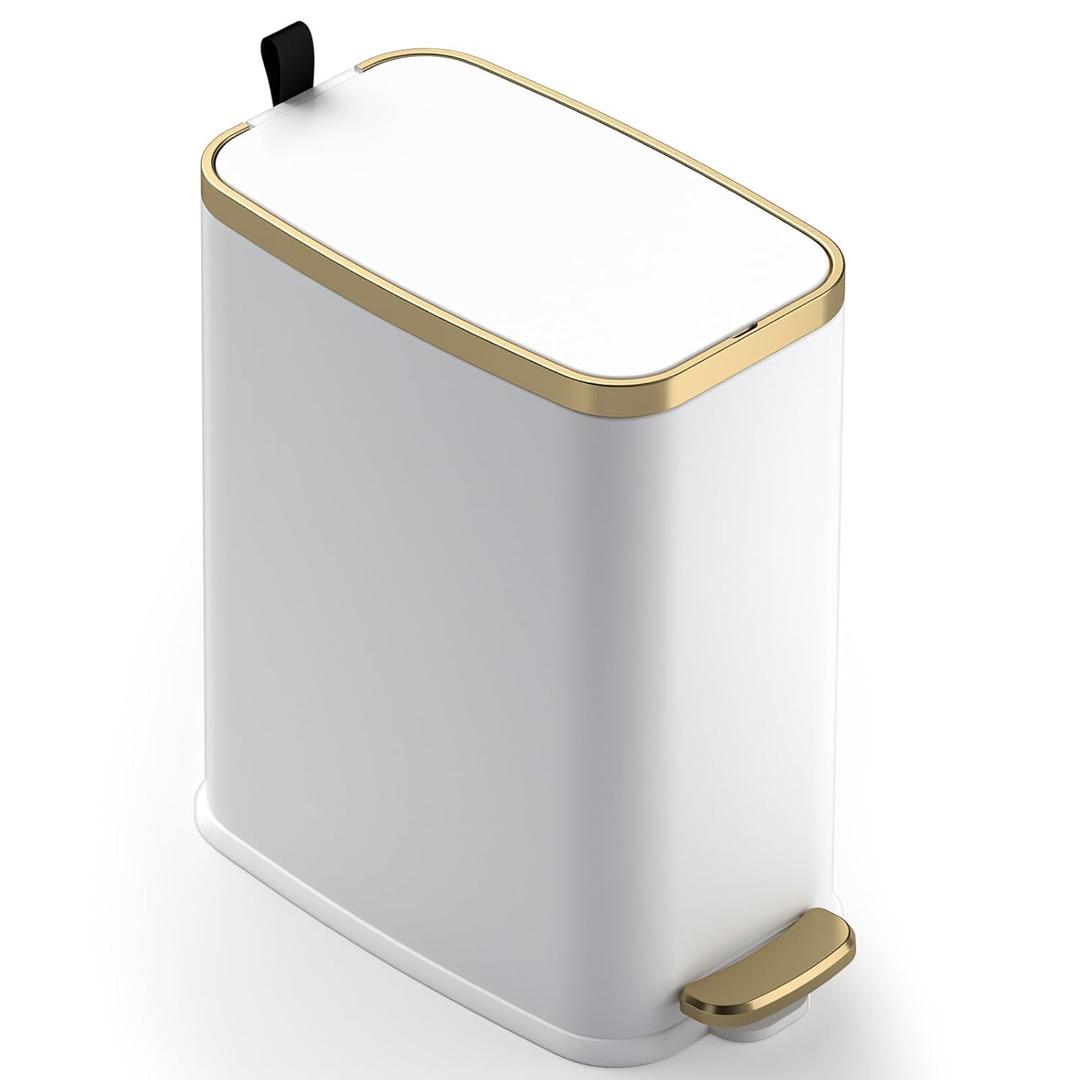 CEROELDA Small Bathroom Trash Can with Lid Soft Close-5L/1.3 Gal Slim Garbage Can-Metal Step Wastebasket-Rectangle Narrow Waste Bin for Office, Bedroom, Toilet, Live Room-White (1.3 Gallon, A-White)