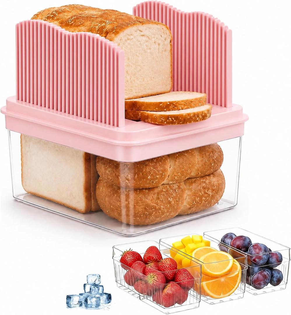 Bread Box with Slicer & Ice Chilled Condiment Caddy, Portable Airtight Bread Storage Container with Lid Handle for Kitchen Counter, Bread Keeper for Homemade Bread,Toast, Bagel, Cookies, Pink