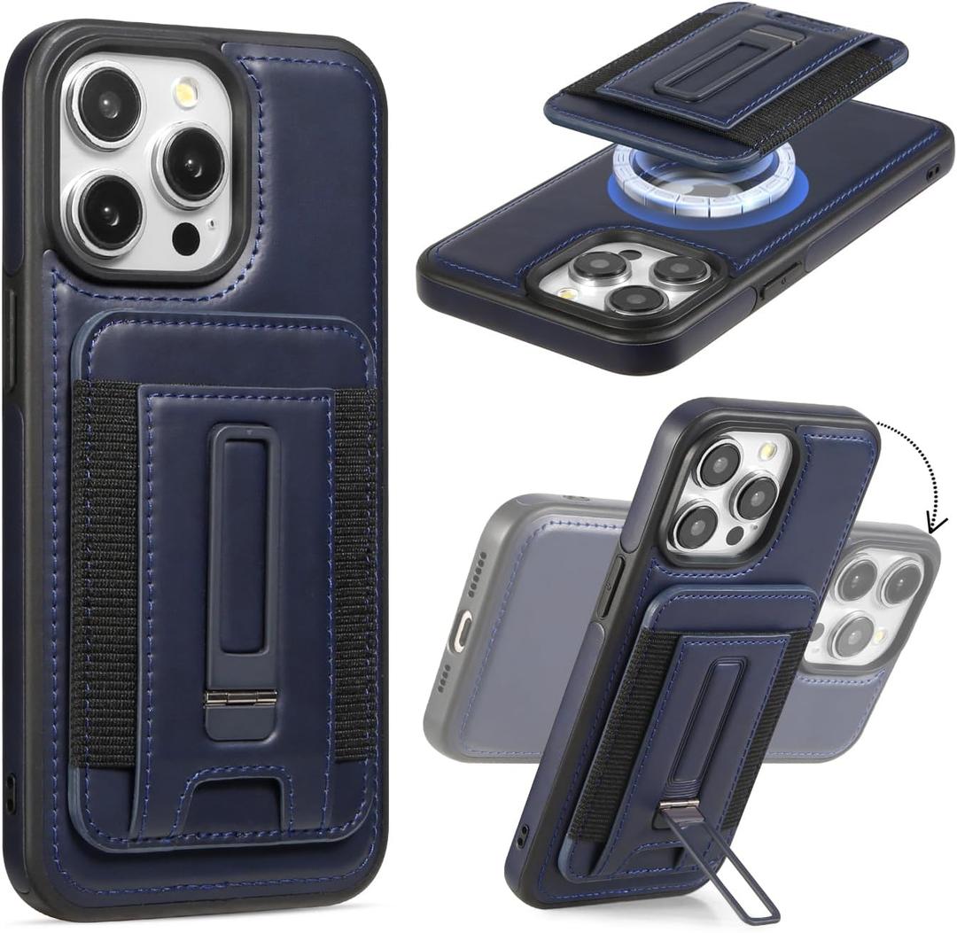 Detachable Card Holder for iPhone 16 Pro Case Leather with Stand, fits for MagSafe, Adjustable Kickstand Wallet,Strong Magnetic Leather Case with Screen Protector (Navy, IP16 Pro-6.3inch)