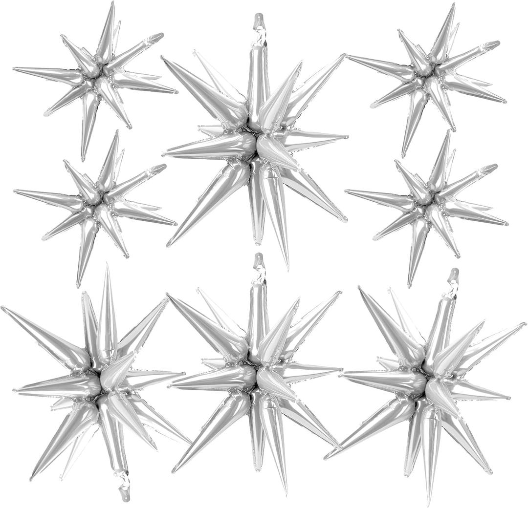 4 x Silver Star Balloons Foil Mylar Balloons Easter Starburst Balloon Arch Glitter Spike Metallic Balloon Decorations Birthday Graduation Bachelorette Party Wedding Anniversary Baby Shower, 27 inches, 22 inches