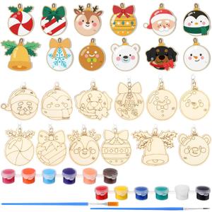 24 Pcs DIY Unfinished Christmas Wooden Paintable Ornaments Make Your Own Christmas Pendants Keychains Hanging Ornaments with Vivid Acrylic Paints and Brushes Winter Holiday Decoration Crafts