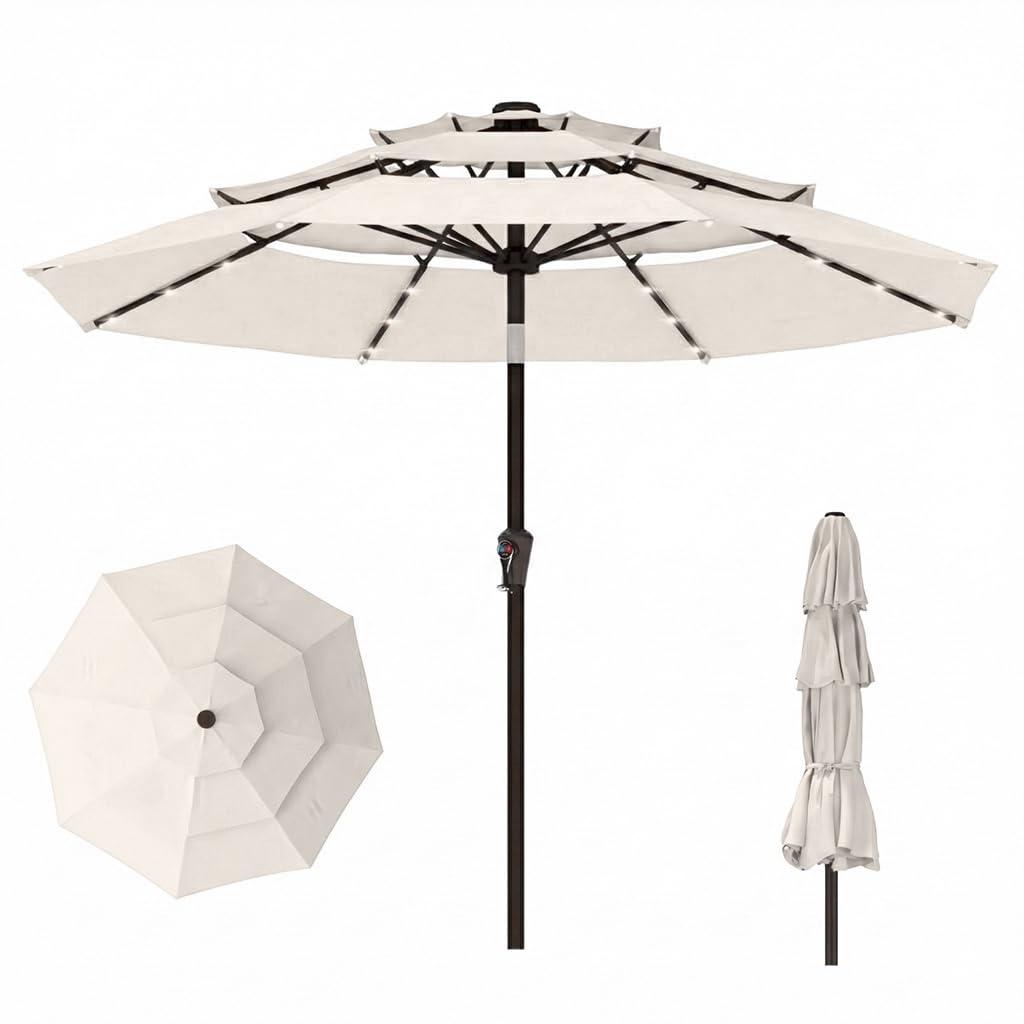 Patio Kingdom 10ft 3-Tier Patio Umbrella with 32 Solar Powered LED Lights, Windproof Outdoor Market Umbrella for Deck, Poolside & Garden, Sturdy Push-Button Tilt Table Umbrella, Creamy White