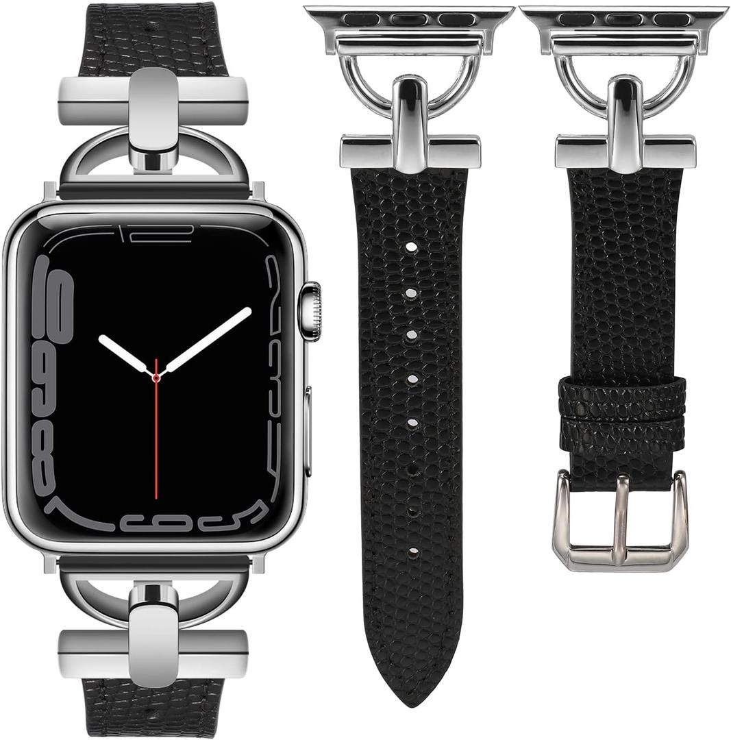 Wearlizer Leather Band Compatible with Apple Watch Bands Women 41mm 40mm 38mm 49mm 46mm 45mm 44mm 42mm, Fancy Dressy Strap for iWatch Series 11 10 9 8 7 6 5 4 3 SE/Ultra 3 2 1 (Lizard Black/Silver)