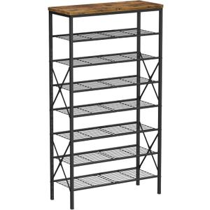 8 Tiers Tall Shoe Rack Organizer, Large Capacity Shoe Rack Holds 32 Pairs of Shoes, Durable and Stable, Adjustable Metal Shelf Stackable Shoe Shelf for Entryway, Hallway, Living Room, Closet (27.8" x 10.8" x 52.6", Rustic Brown)