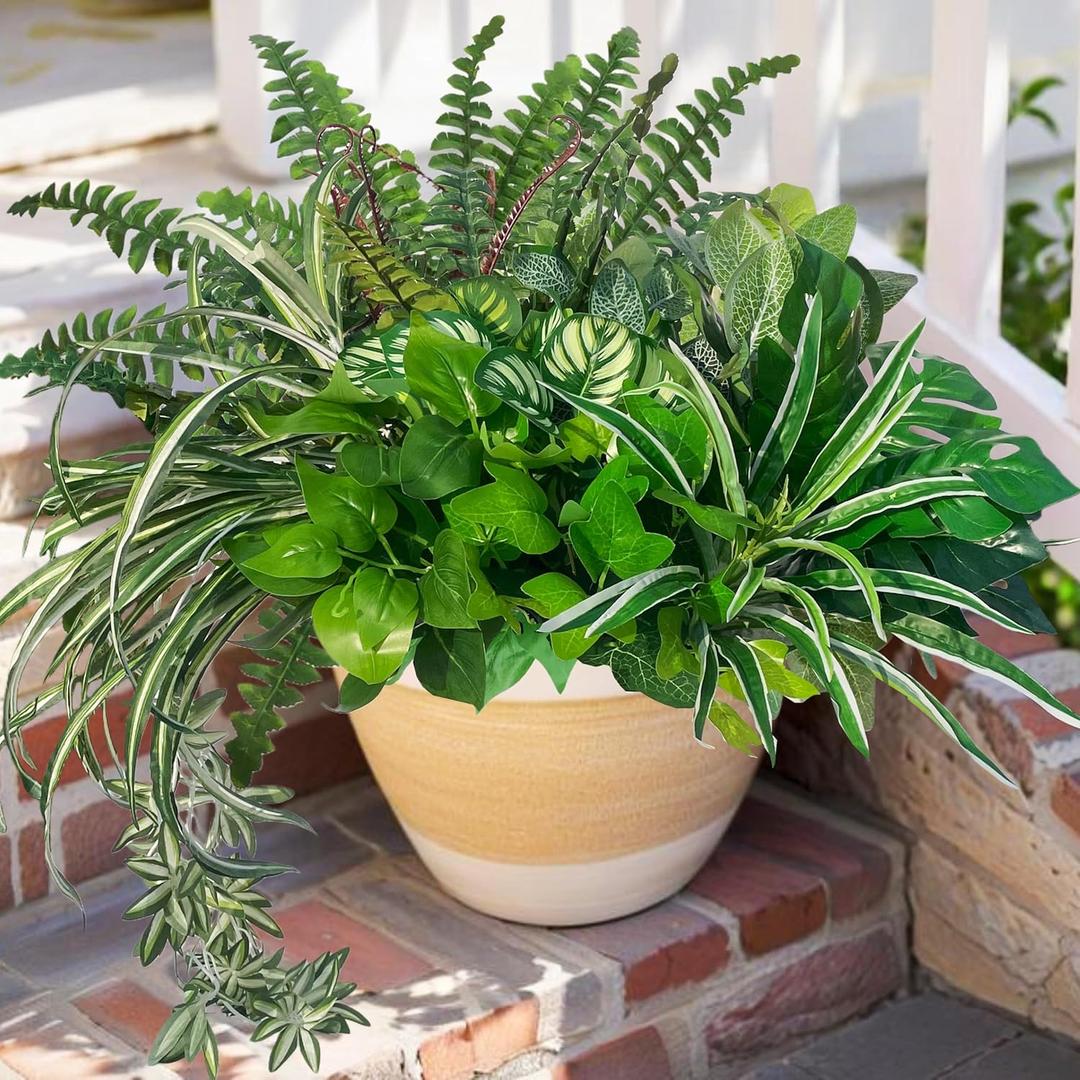 Artificial Plants Faux Greenery for Outdoor Porch Planter, UV Resistant Fake Realistic Large Shrubs Bushes Plastic Green Filler for Spring Outside Front Door Patio Decoration, 8 Bundles