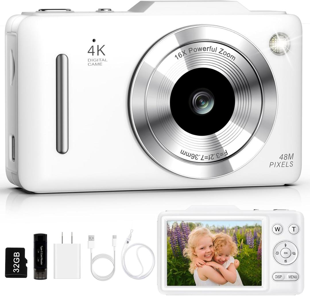 Digital Camera 4K Autofocus Vlogging Camera for Photography with 16X Zoom Anti Shake, 32GB Card, 48MP Compact Portable Point and Shoot Camera for Kids Boys Girls Teens Beginner, White