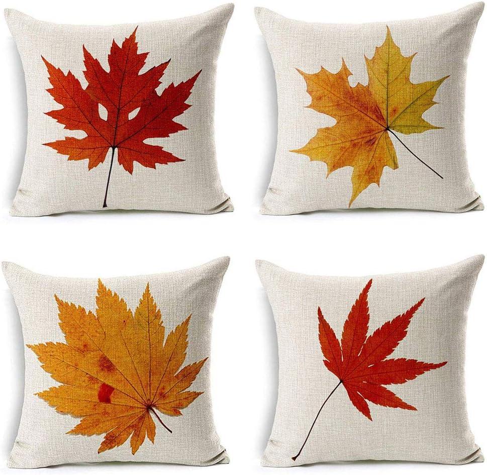 LEIOH Fall Decor Cotton Linen Leaves,Maple Leaf Autumn Decorations Cushion Covers 18 x 18 Inch Sofa Home Decor Throw Pillow Case for Bed Pillow Covers Set of 4