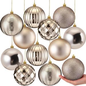 Syhood 12 Pcs 4 Inch Large Valentine Ball Ornament Christmas Tree Decoration Plastic Ornament Set Hanging Xmas Tree Ball for Xmas Holiday Wedding Party(Champagne Gold)