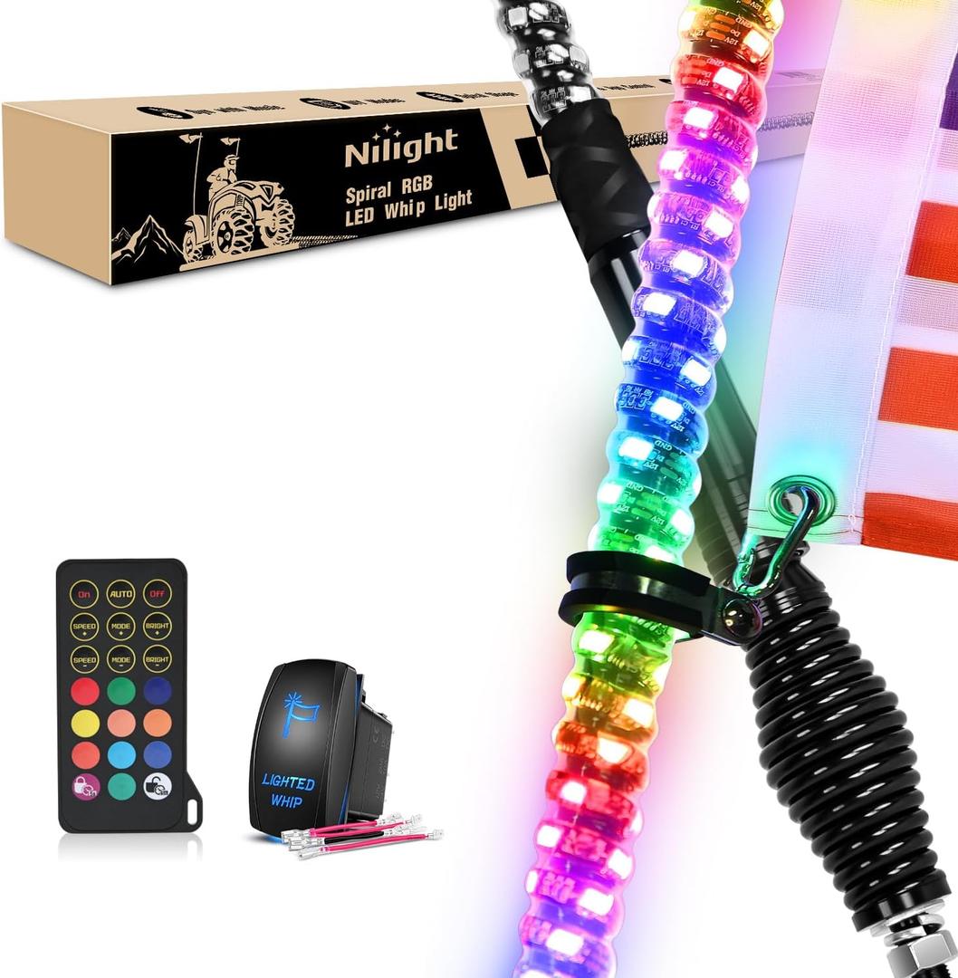 Nilight - TL-27 2PCS 4FT Spiral RGB Led Whip Light with Spring Base Chasing Light RF Remote Control Lighted Antenna Whips for Can am ATV UTV RZR Polaris Dune Buggy Offroad Truck