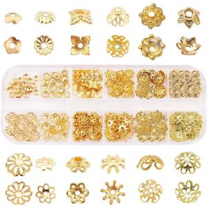 SUNNYCLUE 1 Box 240Pcs Metal Bead Caps 12 Different Flower Bead Ends Filigree Petal Brass Bead Caps Alloy Beads Spacer Accessories with Clear Box for Jewelry Making, Golden