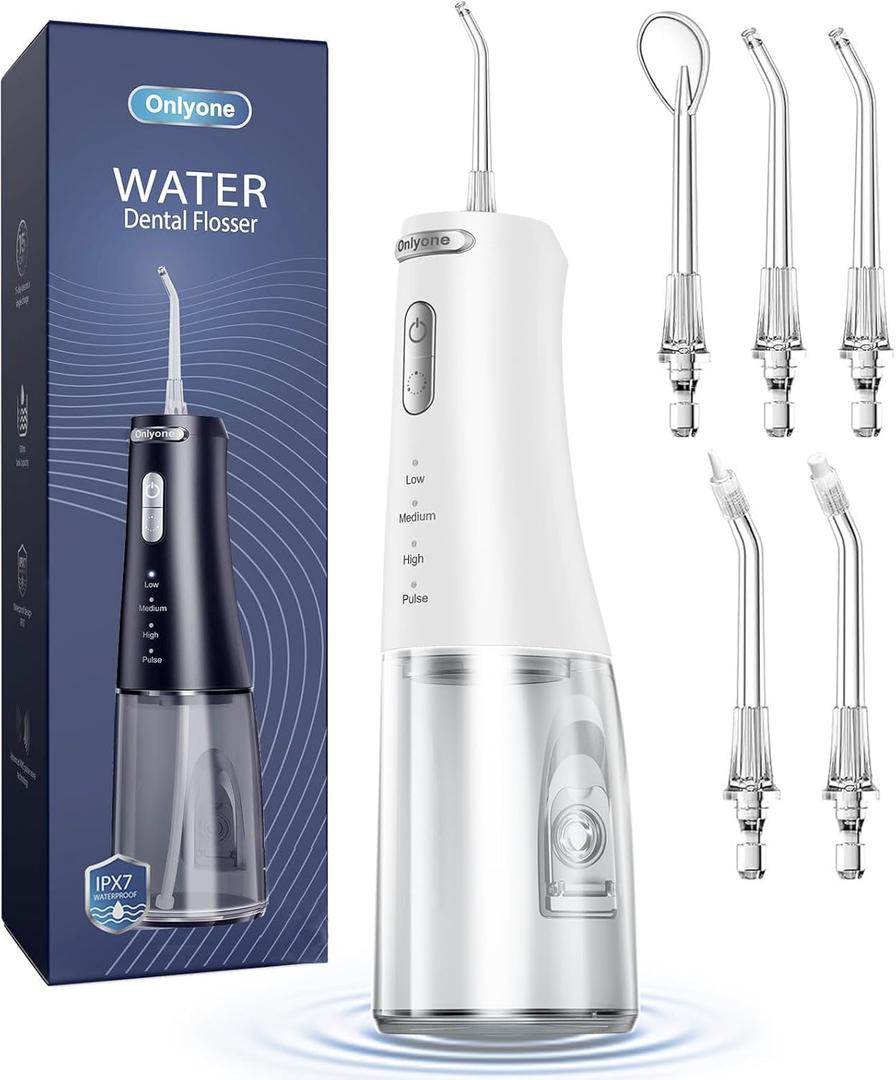 Onlyone Water Dental Flosser, 300ML Portable Oral Irrigator for Teeth, 4 Modes and 5 Jet Tips,Rechargeable Irrigation Cleaner,Electric Flossing Machine Power Flossers & Irrigator Accessories, White