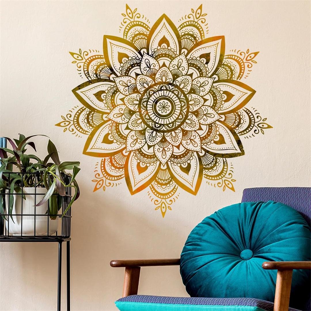 Sacred Golden Mandala Large Wall Stickers, sacinora Boho Mandala Indian Namaste Flower Wall Decals Datura stramonium Removable Vinyl Peel and Stick for Living Room Bedroom Sofa TV Background Art Decor