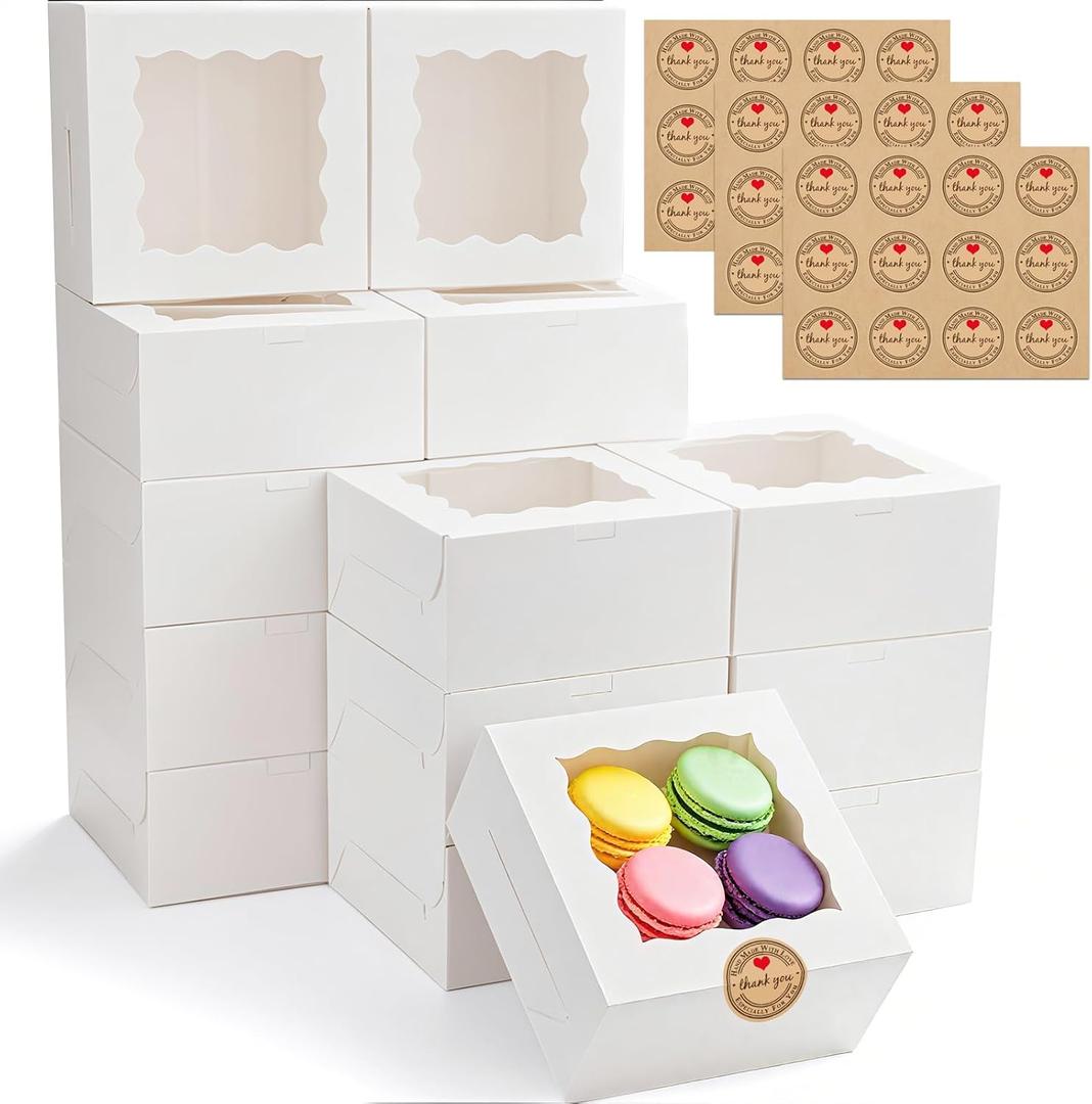 30pcs Cookie Boxes with Window, 6x6x3 Inches White Bakery Boxes, 36 Pcs Stickers,for Small Cookies, Treats, Candy, Desserts, Chocolate Covered Strawberries,Mini Cake Boxes