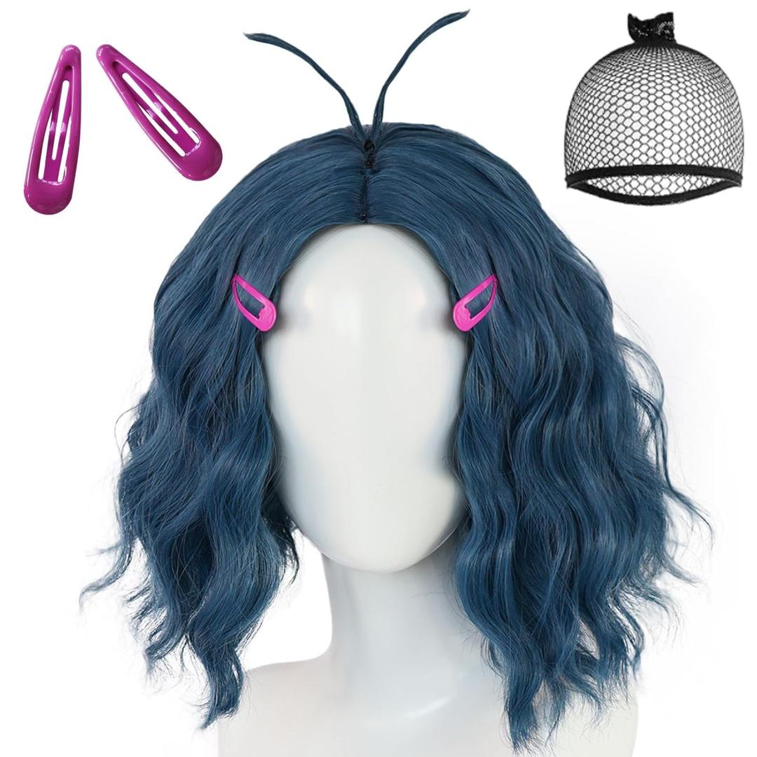 JoneTing Envied Wig+Hair Cap+ 2 Purple Pink Hairpins Short Wavy Deep Blue Green Wigs Dark Bluish Green Wig Envied Cosplay Wigs Blue Cosplay Costume Hair for Halloween Party Costume Outfit