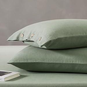 JELLYMONI 100% Washed Cotton Standard Pillowcases Set, 2 Pack Super Soft Breathable Pillow Covers with Button Closure, Pillows are not Included (Standard 20"×26", Sage Green)