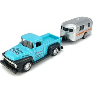 Vintage Blue Pickup Truck Trailer Towing Toy Camper RV Motorhome Toys for Boys Diecast Model Car Metal Pull Back Toy Cars 3 4 5 6 7 Year Old Toddler Kids Birthday Gifts Cake Topper Home Office Décor