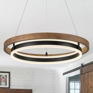 LED Ring Chandelier, Solid Oak Wood LED Dining Room Light Fixtutre, 24in Modern Farmhouse LED Chandelier, Dimmable Black Chandeliers for Living Room Bedroom Entry