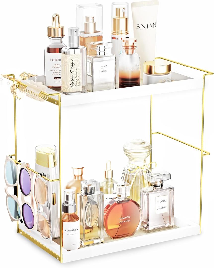 Emfogo Perfume Organizer for Women, 2 Tier Wooden and Metal Cologne Organizer for Men, Large Capacity Perfume Stand Holder Tray for Vanity Bathroom Countertop Organizers and Storage (White and Gold)