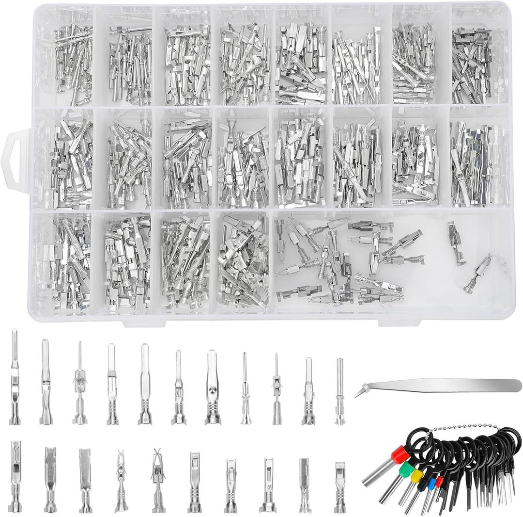 Linkstyle 420PCS Connector Pins Terminal Kit, 21 Types Automotive Car Electrical Wire Terminal 1/1.5/1.8/2.2/2.8/3.5mm Non-insulated Plug Male Female Crimp Seals Wire Connectors w/18pin Extractor Tool