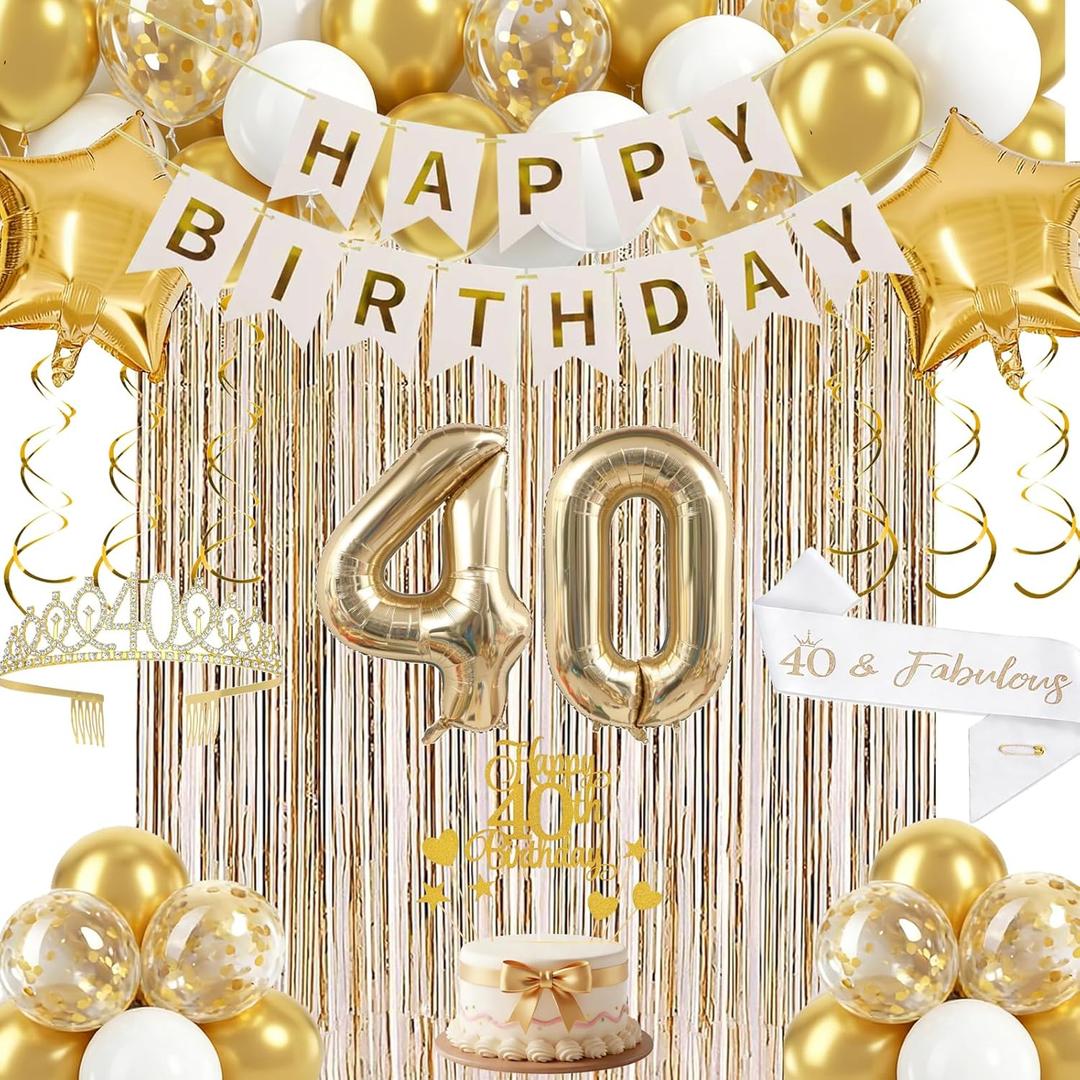 40th Birthday Decorations for Women, Champagne Gold 40th Birthday Decorations Women, 40 Sash and Crown, Banner, Fringe Curtains, Hanging Paper Fans, 40 and fabulous decor