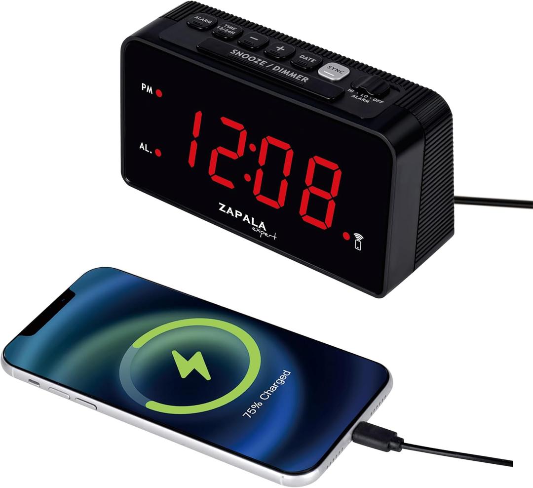 Instant Time Sync Alarm Clock for Bedroom, Loud Alarm LED Bright Display, Simple Basic Digital Clock with USB Charging Port, Adjustable Dimmer, Snooze for Deep Sleepers Kids Elderly