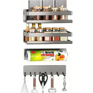 4 Pack Metal Magnetic Shelf Includes Magnetic Spice Rack for Refrigerator, Magnetic Paper Towel Holder, Magnetic Hooks, Refrigerator Side Rack Space-saving Design, Small Space Organization