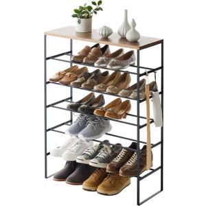 YAMAZAKI Home Six-Tier Shoe Organizer Tall Slim Shoe Rack for Entryway Or Closet, Narrow Metal Shoe Storage with Wooden Top, Steel, Black, Easy Assembly, 34" - Steel - Holds 18 to 21 Shoes