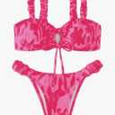 Women's Floral Print Bathing Suit Ruffle Trim Tie Back Swimsuit Bikini Set 2 Piece M Hot Pink